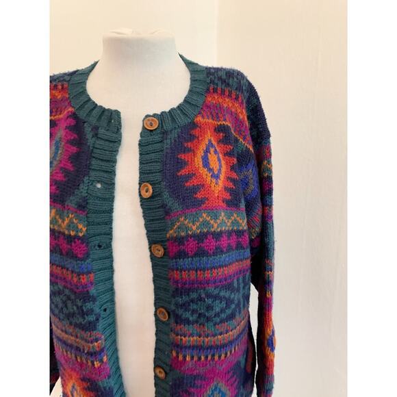 Y2K VTG Nomadic Traders Cardigan Sweater Geometric Aztec Knit Boho Wool Peru - Picture 6 of 15